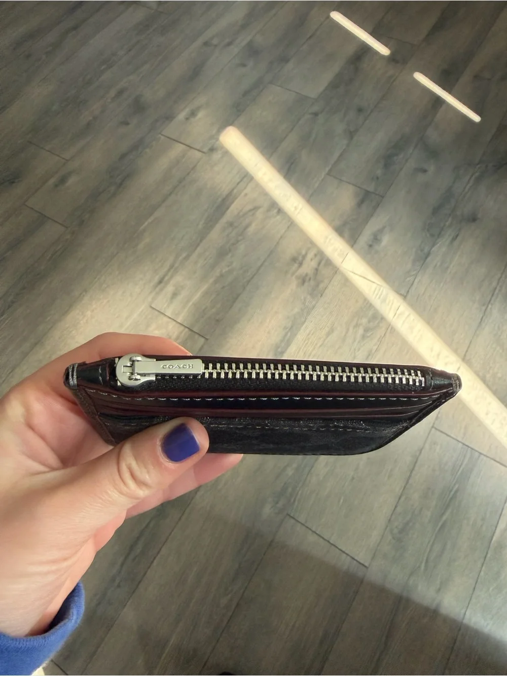 Coach black denim zip card case